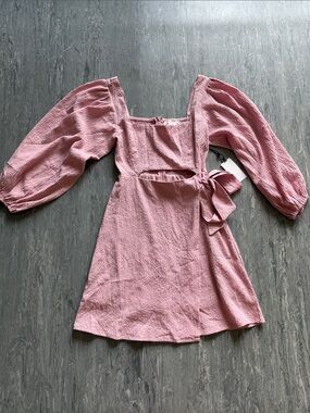 Astr Pink Puff-Sleeve Square-Neck Dress with Side Bow